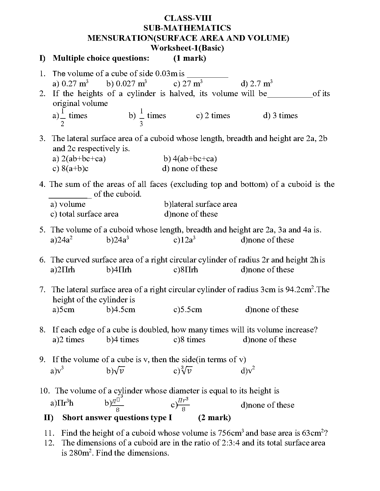 worksheets on surface area and volume of solids