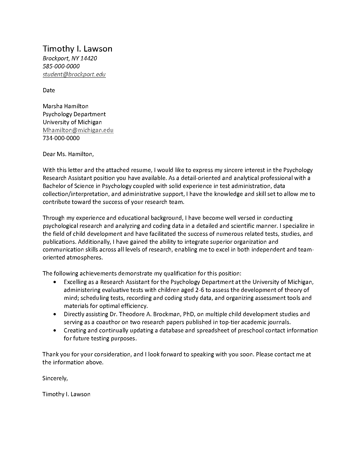 application letter sample for psychology