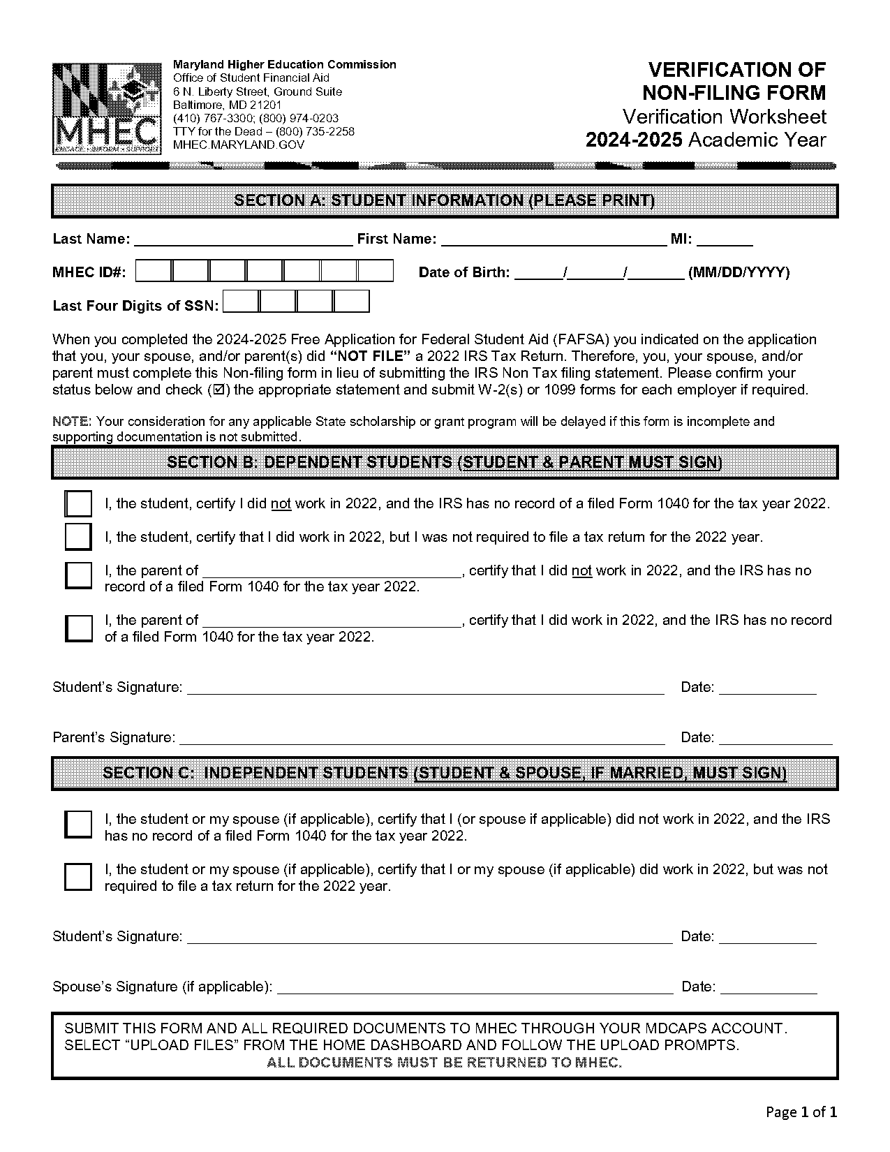 non filing form from irs