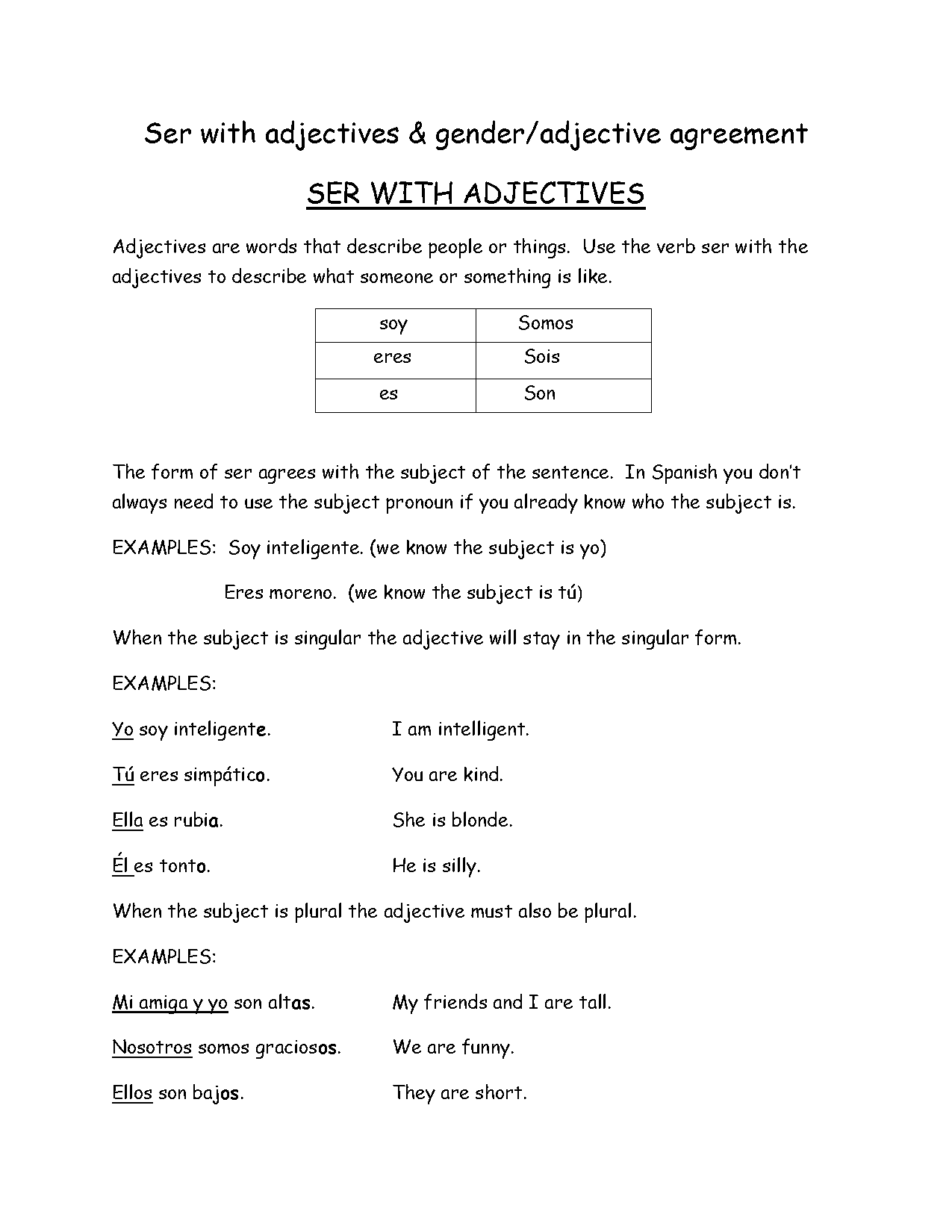 spanish noun adjective agreement examples