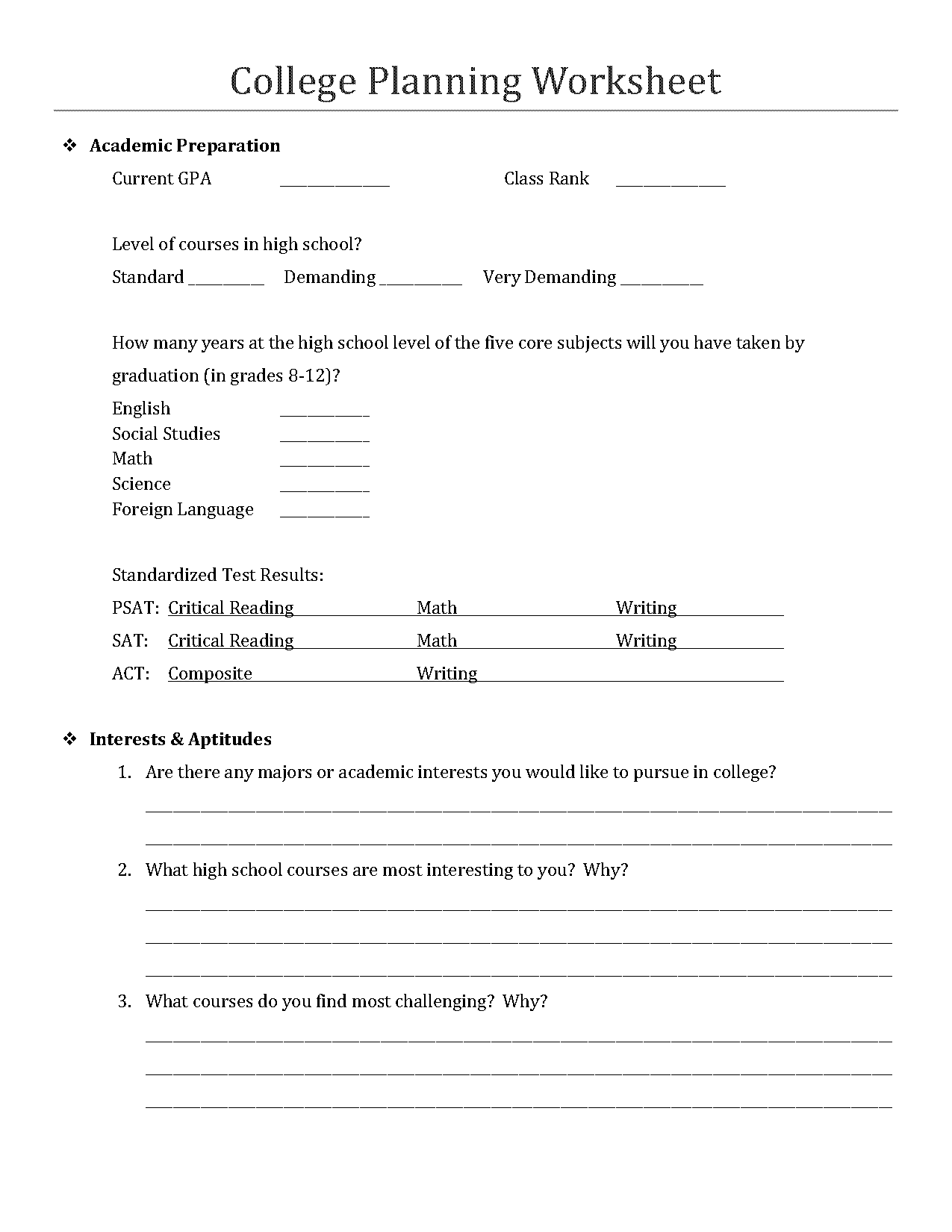 high school pdf worksheet college planning