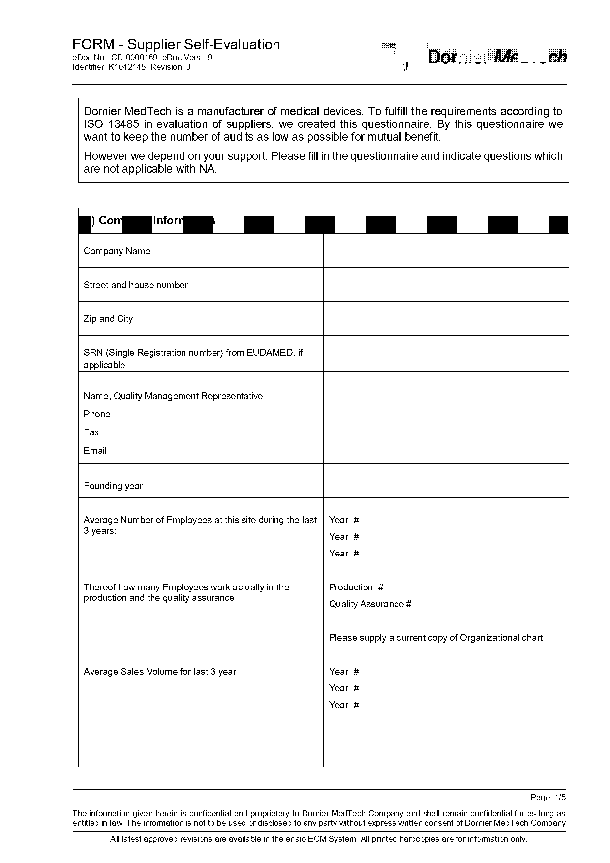 supplier self assessment questionnaire for optics