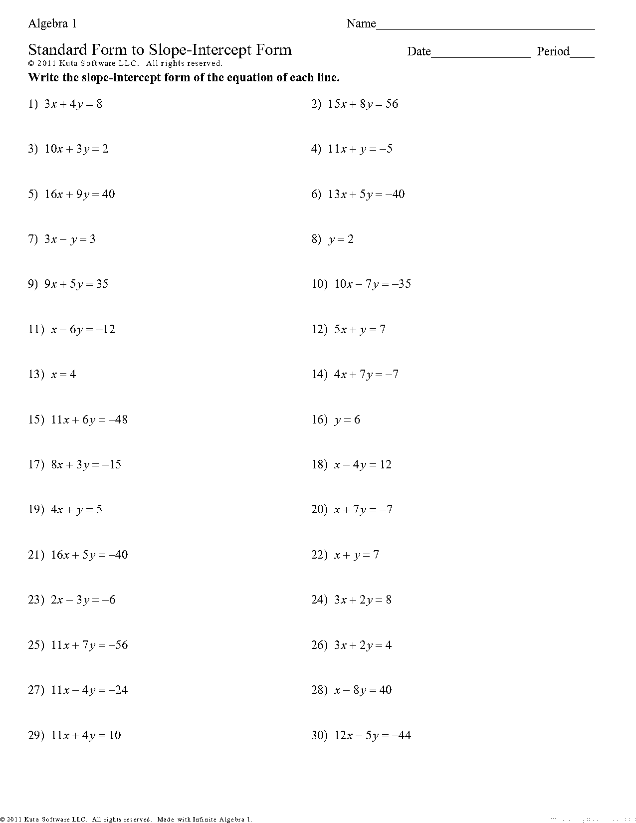 how to find standard form with slope intercept