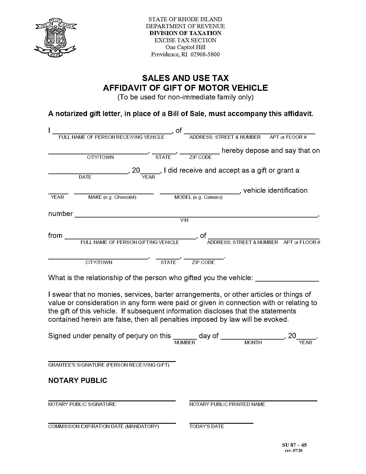 gift car declaration form