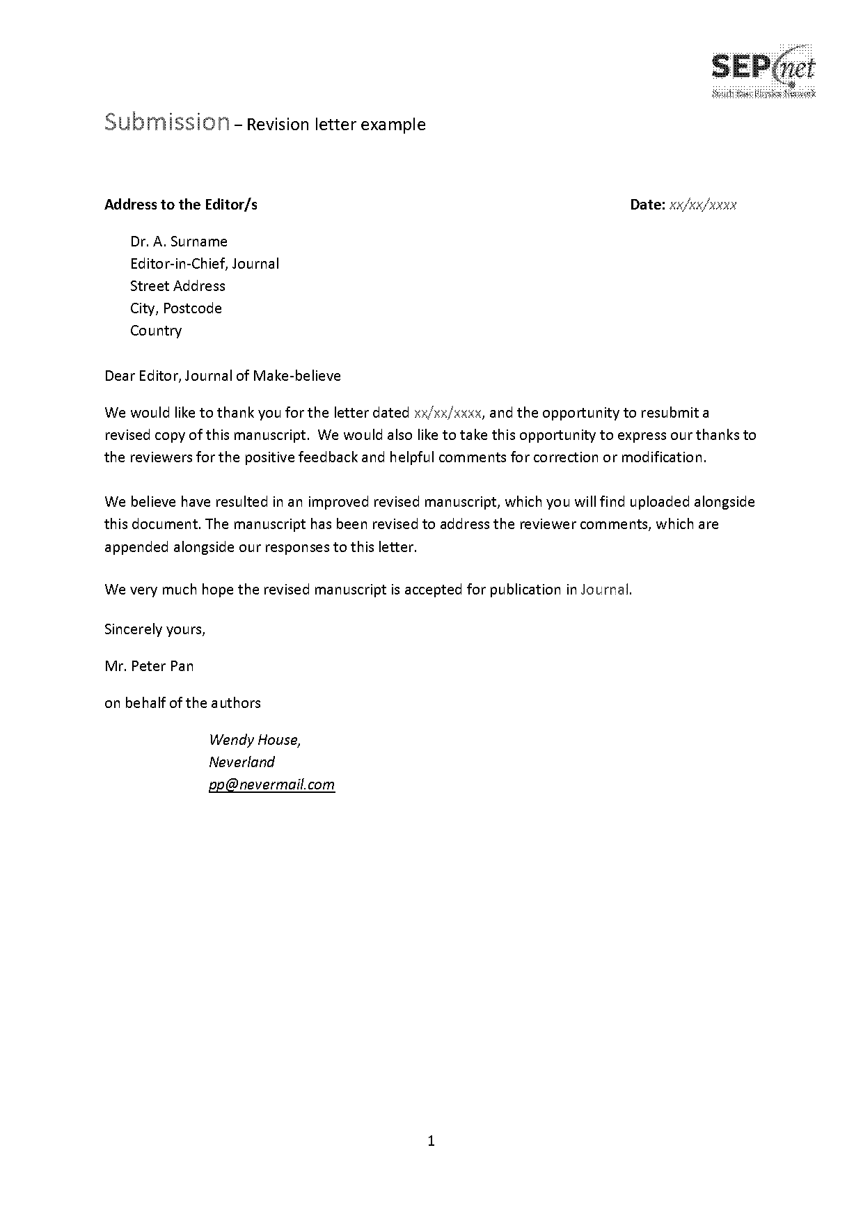 cover letter academic journal submission sample