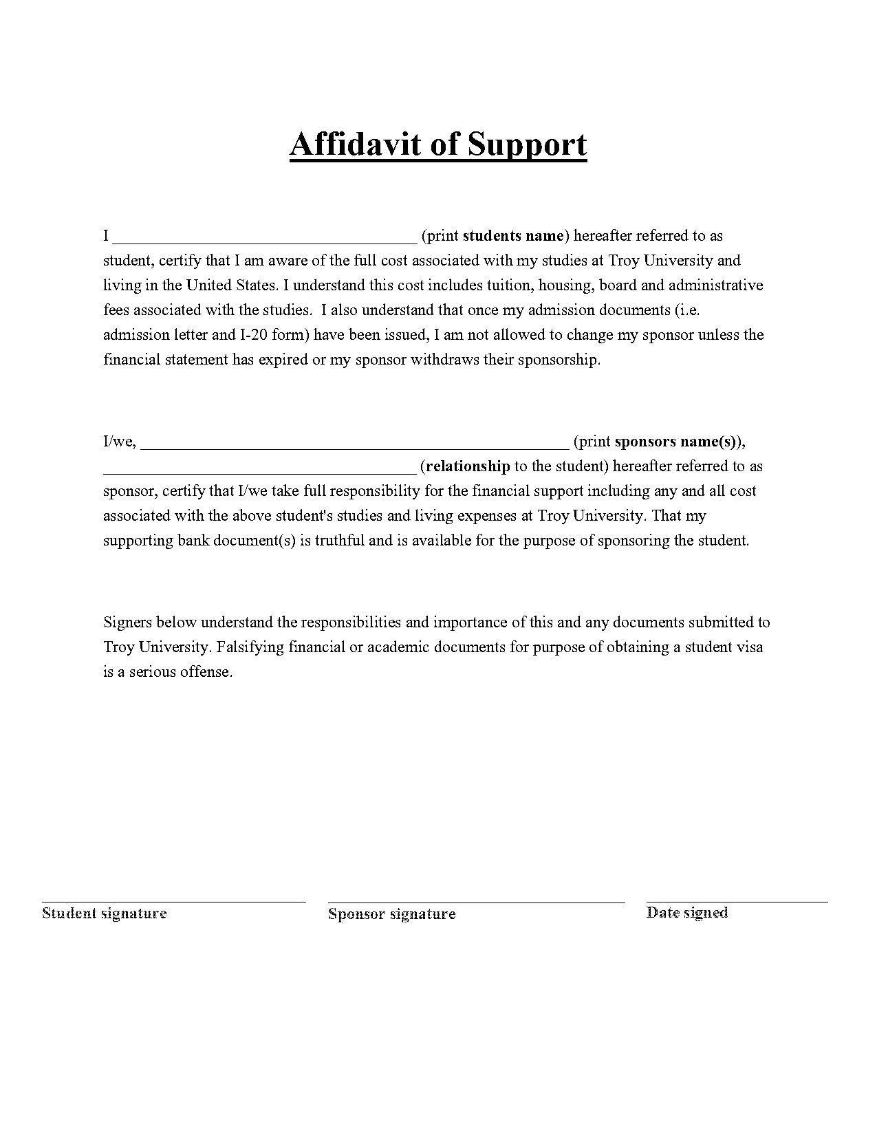 student affidavit of support sample letter