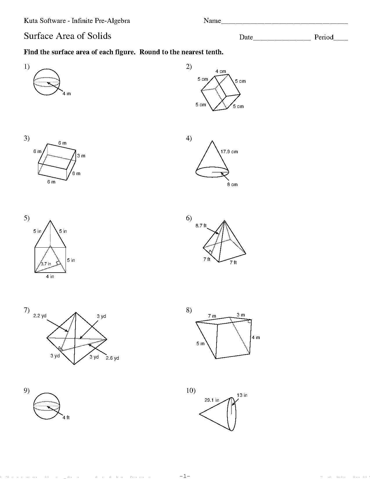 worksheets on surface area and volume of solids