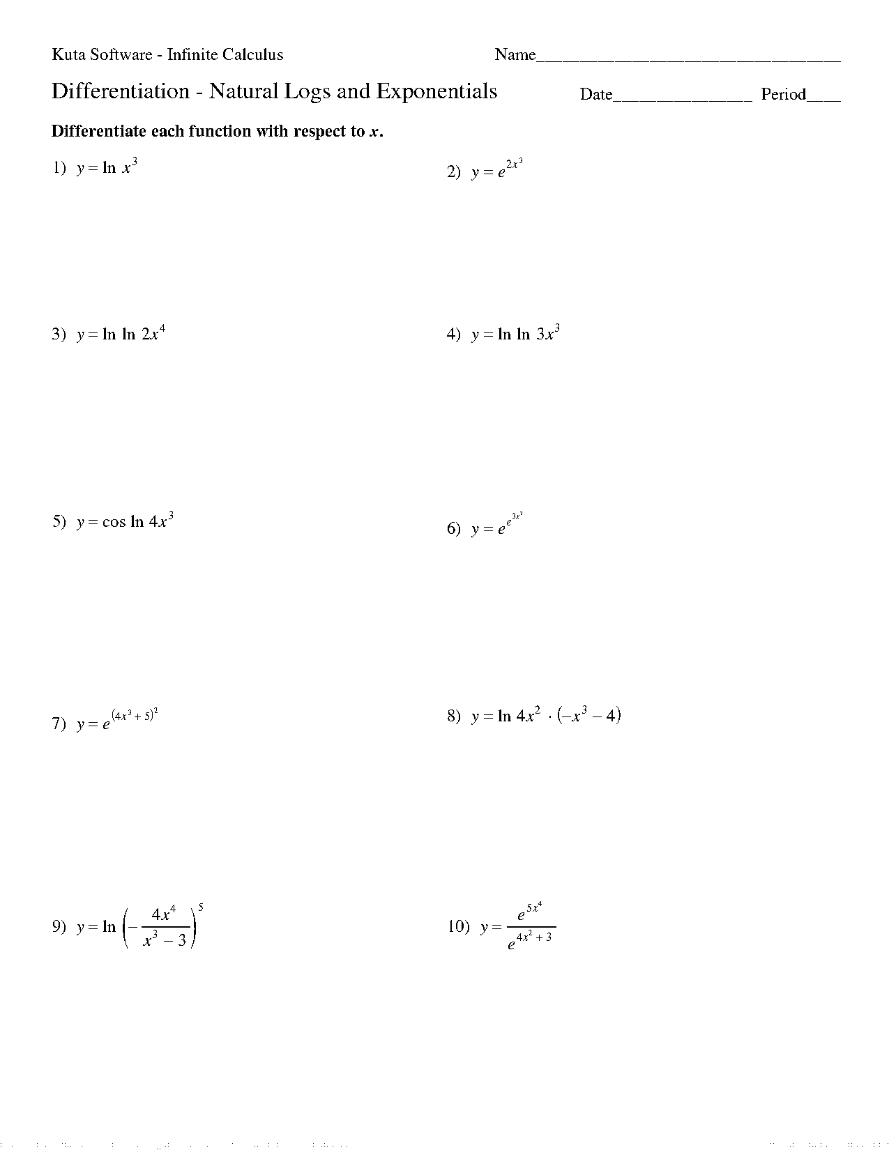 solving derivatives with ln worksheet