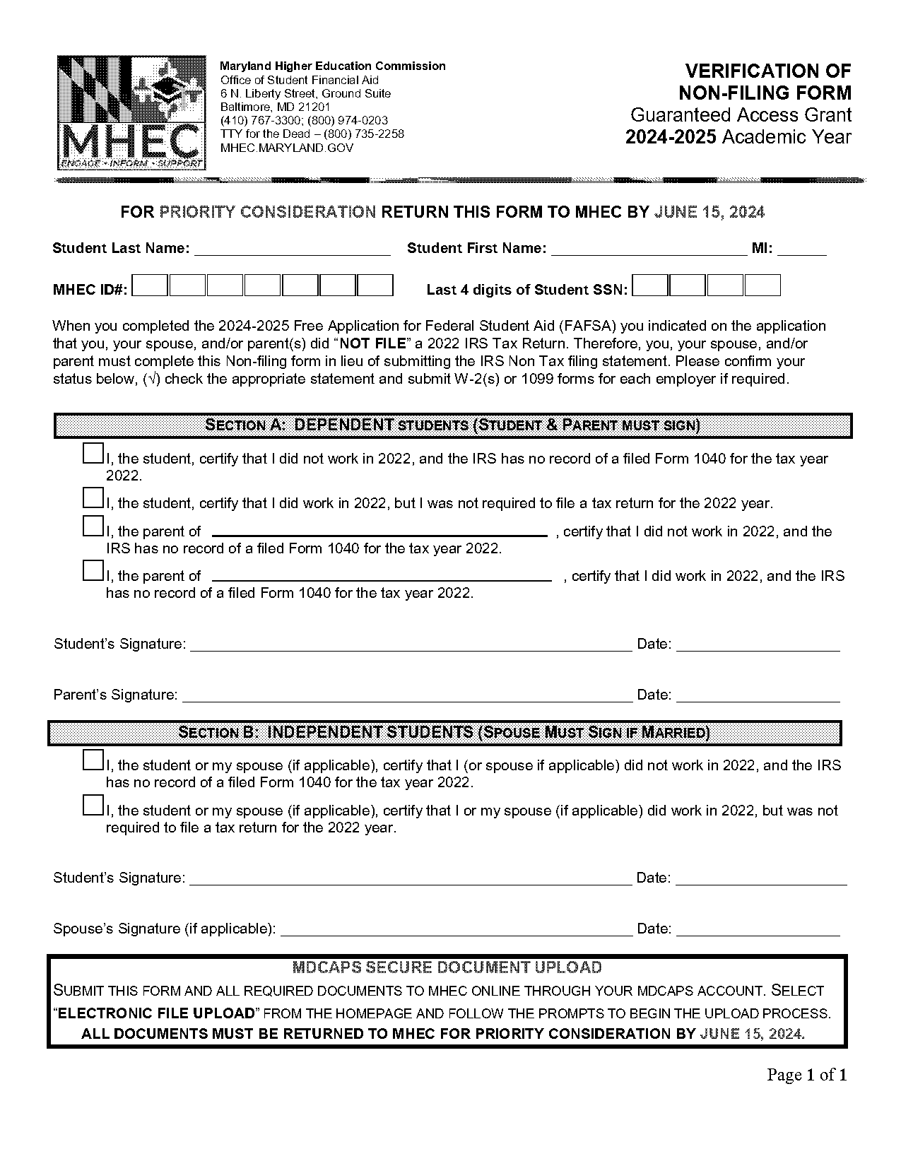 non filing form from irs