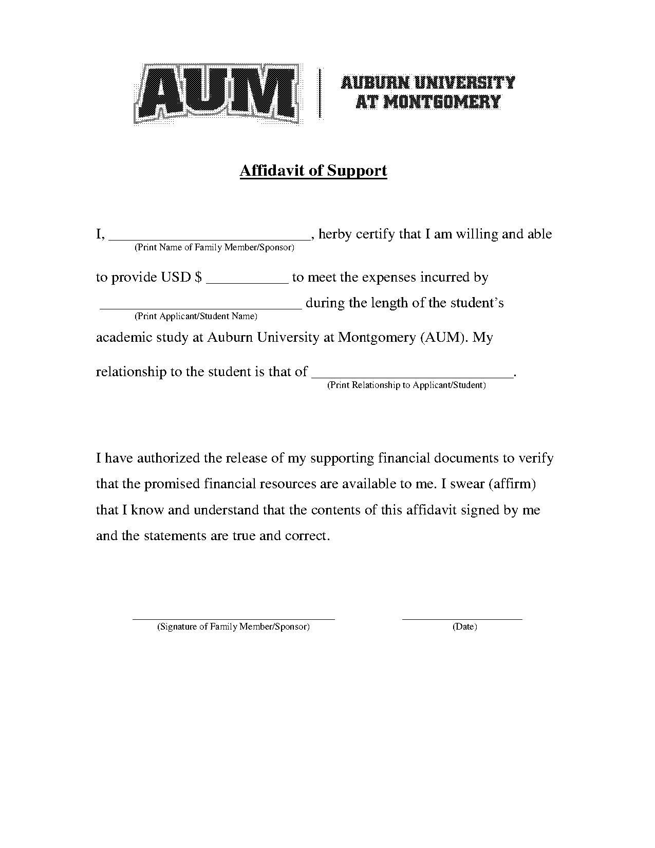 student affidavit of support sample letter