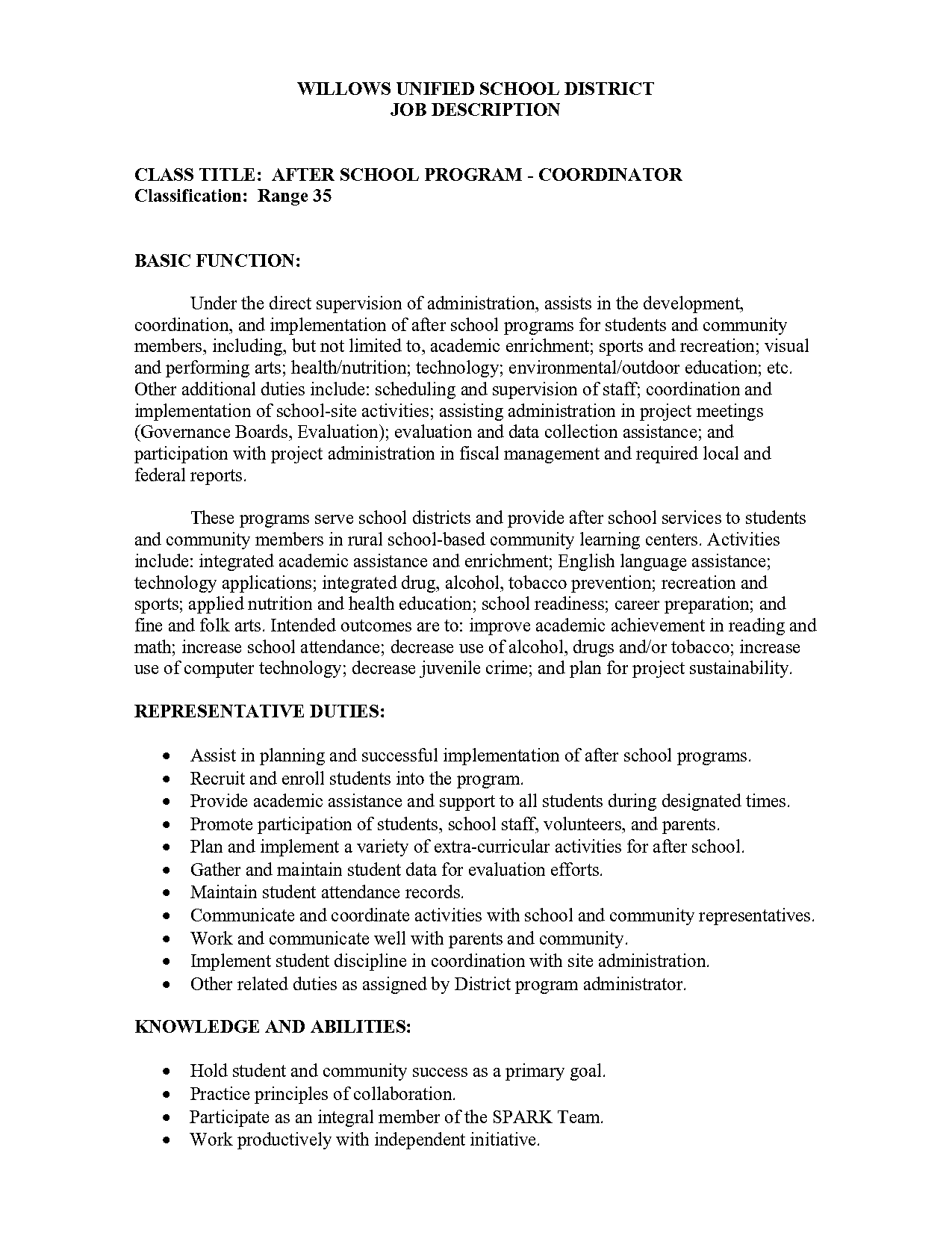 program coordinator job description resume