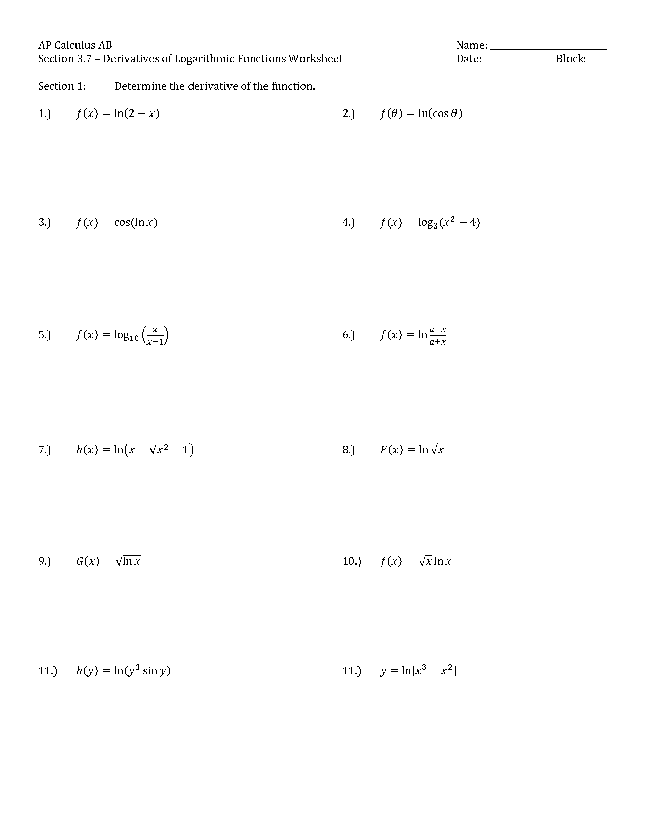 solving derivatives with ln worksheet