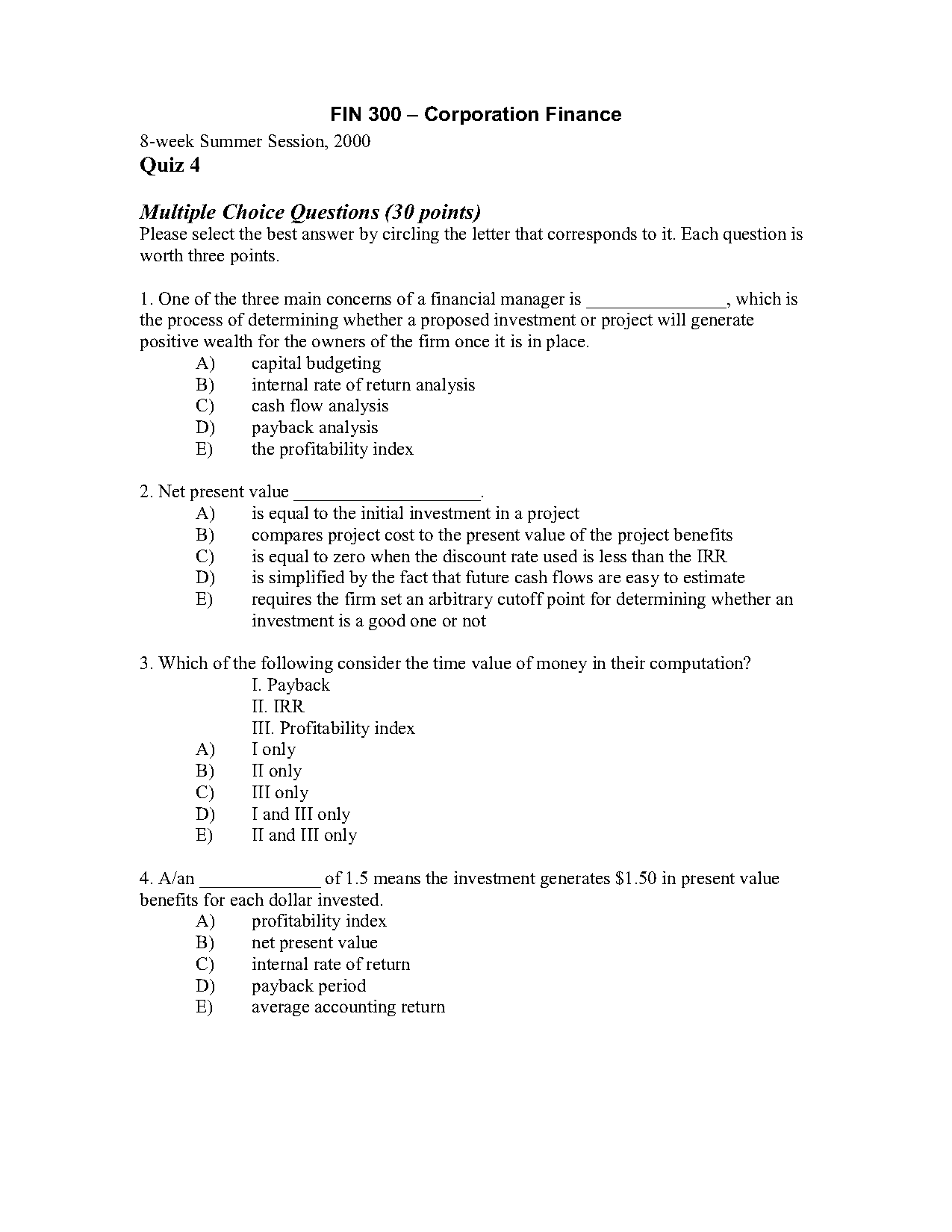 net present value multiple choice questions and answers