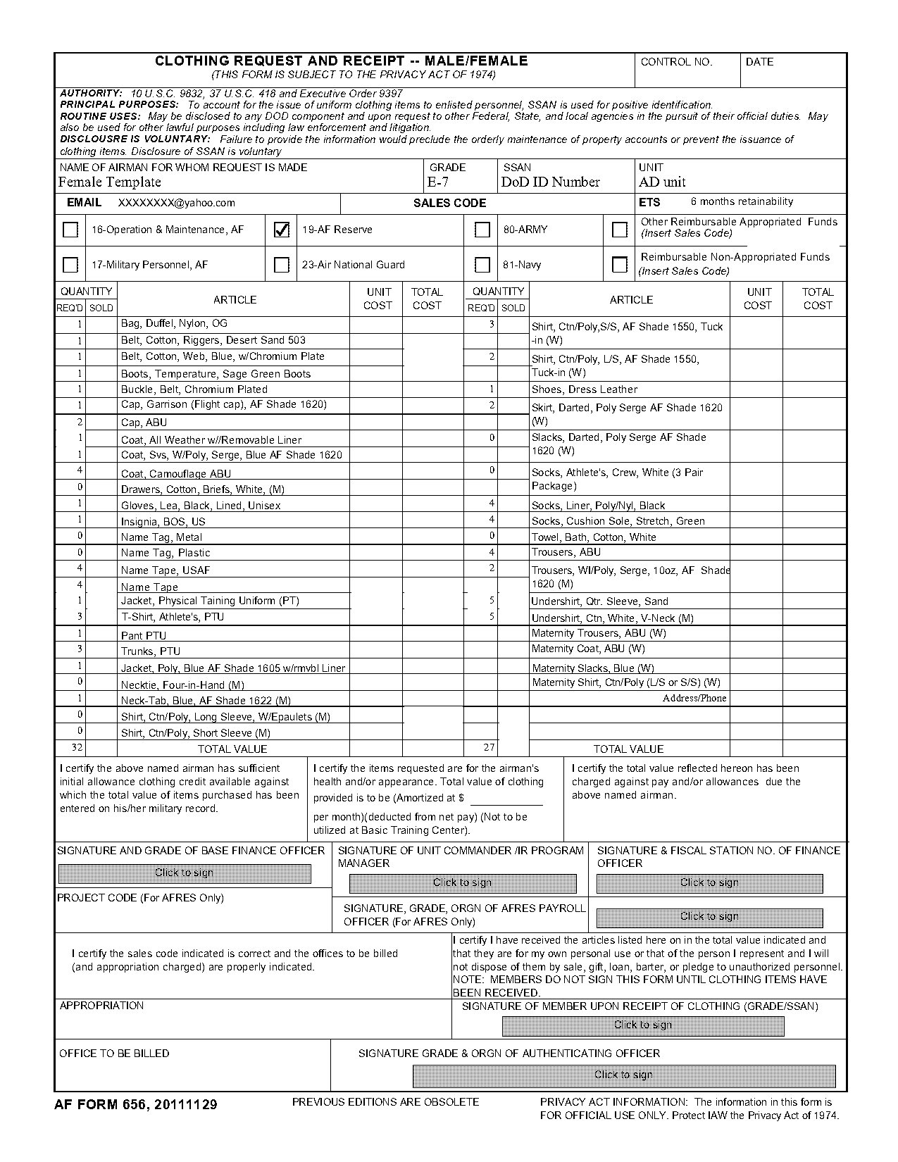 order form for clothing template