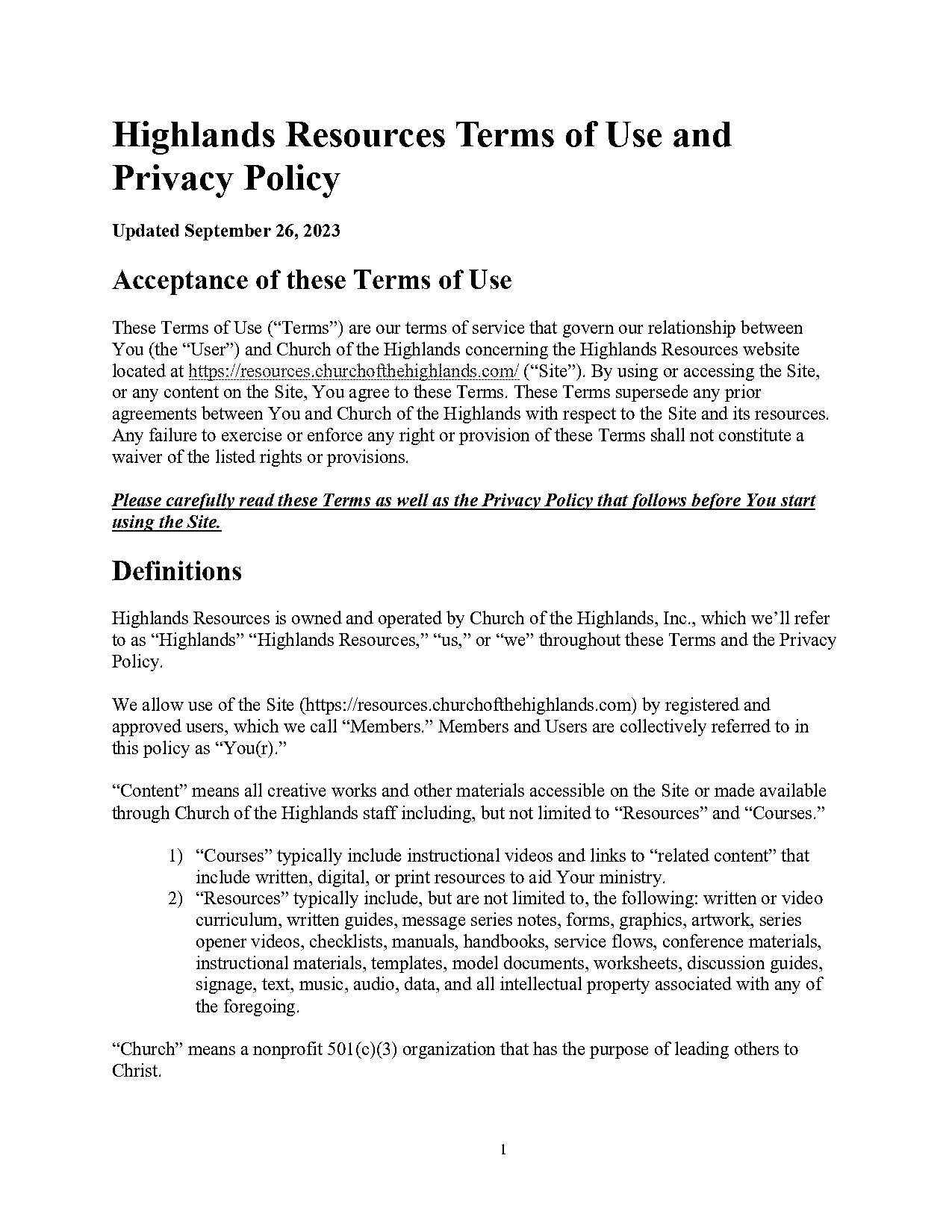 terms of service church template