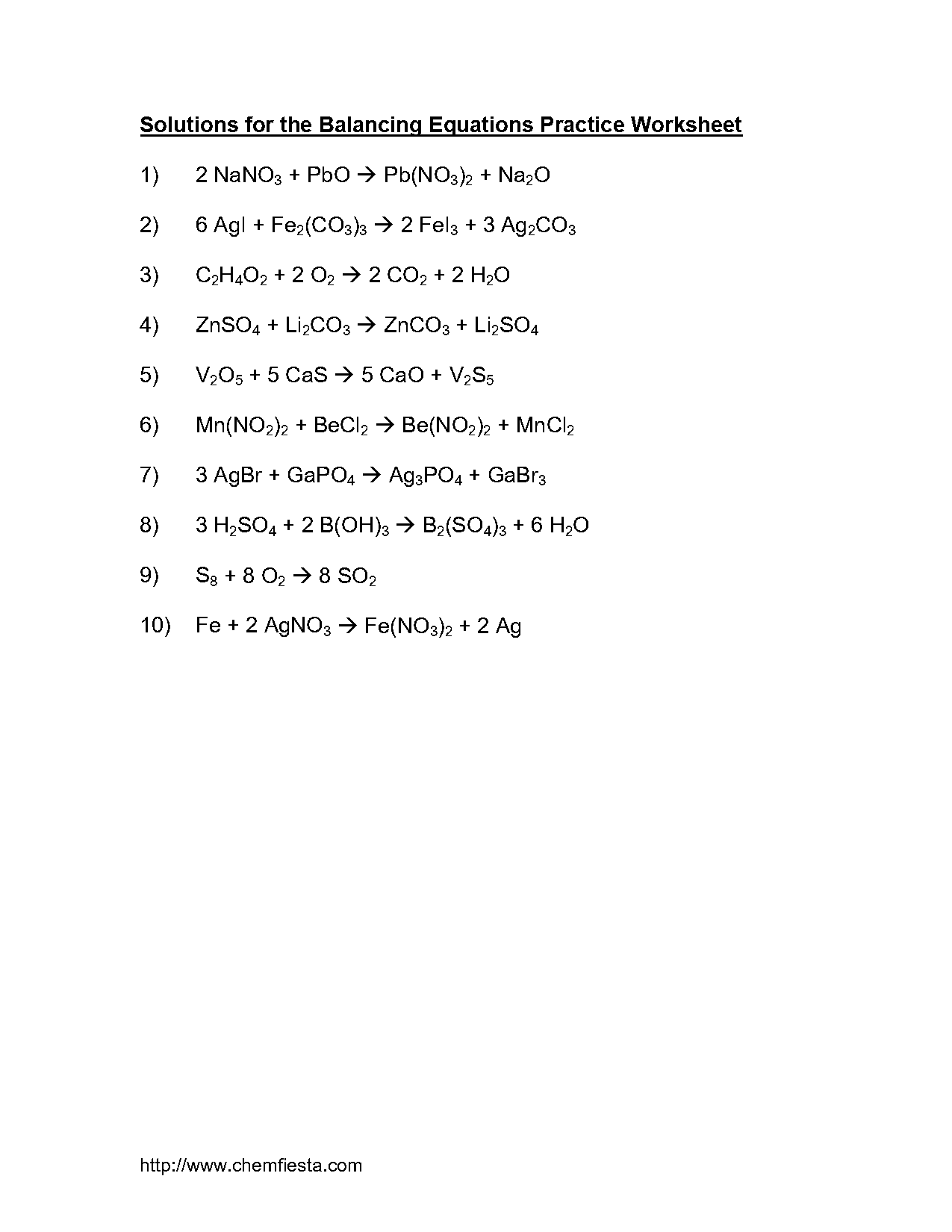 balancing equations practice worksheet answer key chemfiesta