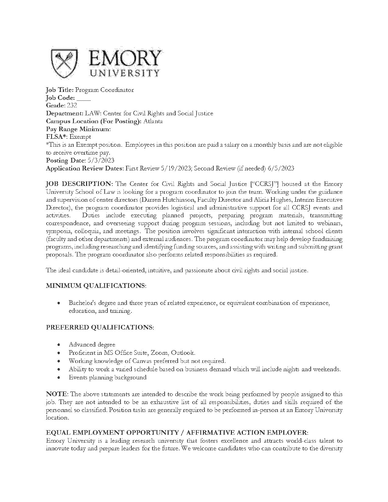 program coordinator job description resume