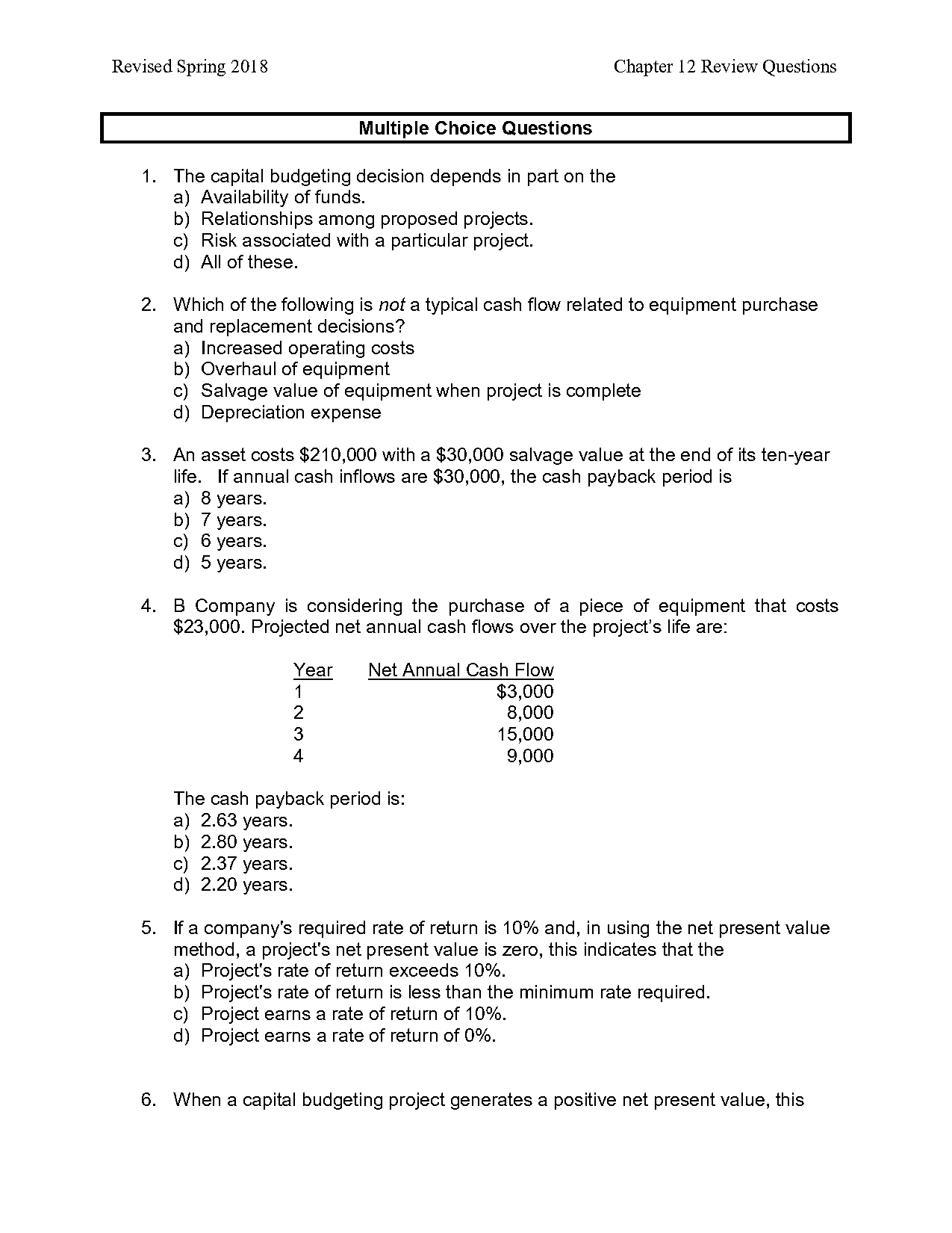 net present value multiple choice questions and answers