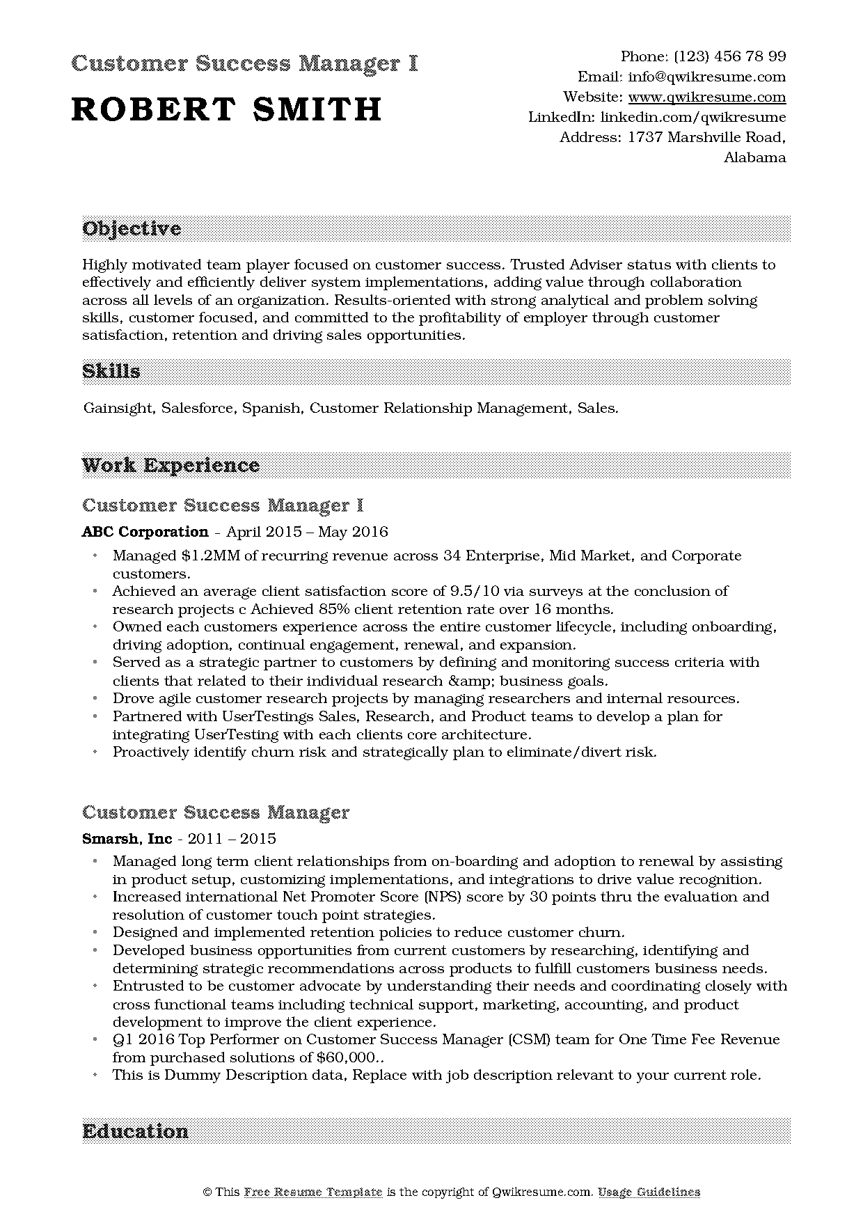 customer success manager resume example