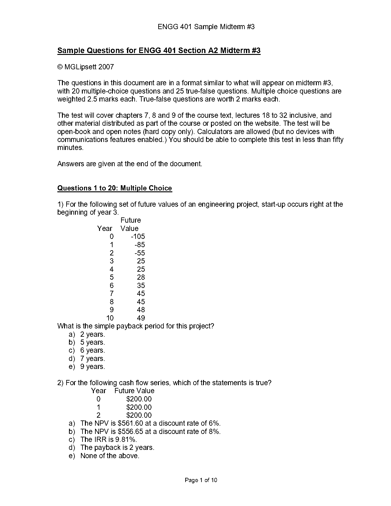 net present value multiple choice questions and answers